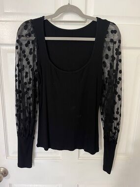 Black Scoop Neck Top with Polka Dot Sheer Sleeves